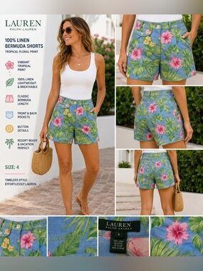 Lauren Ralph Lauren 100% Linen Tropical Floral Shorts Blue Pink Green Size 4